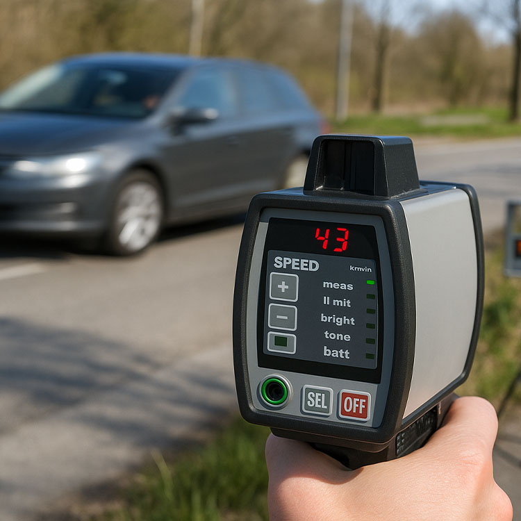 Ein fahrendes Auto wird von einer Person die in der Hand ein Geschwindigkeitsmessungsgerät hält geblitzt