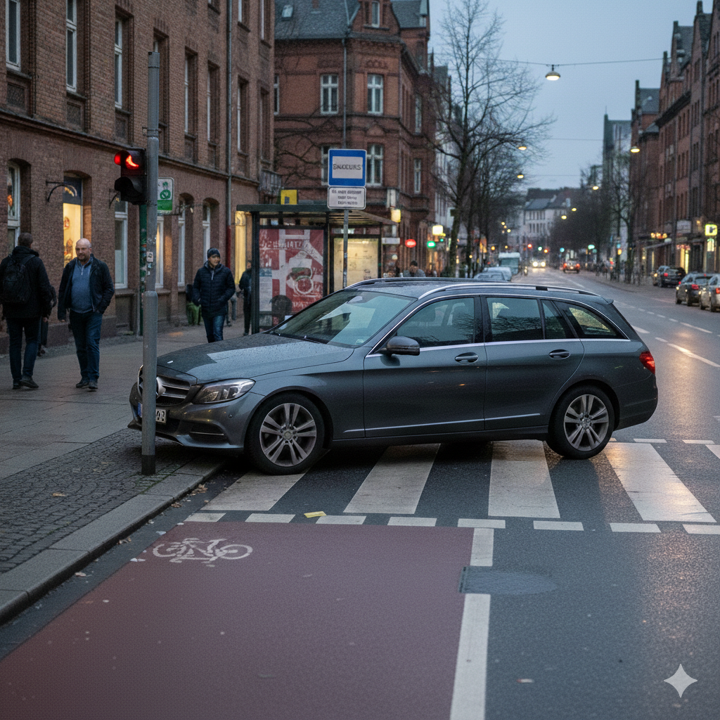 Auto hält auf einen Zebrastreifen und lehnt an einer Ampel und- Falsches Parken