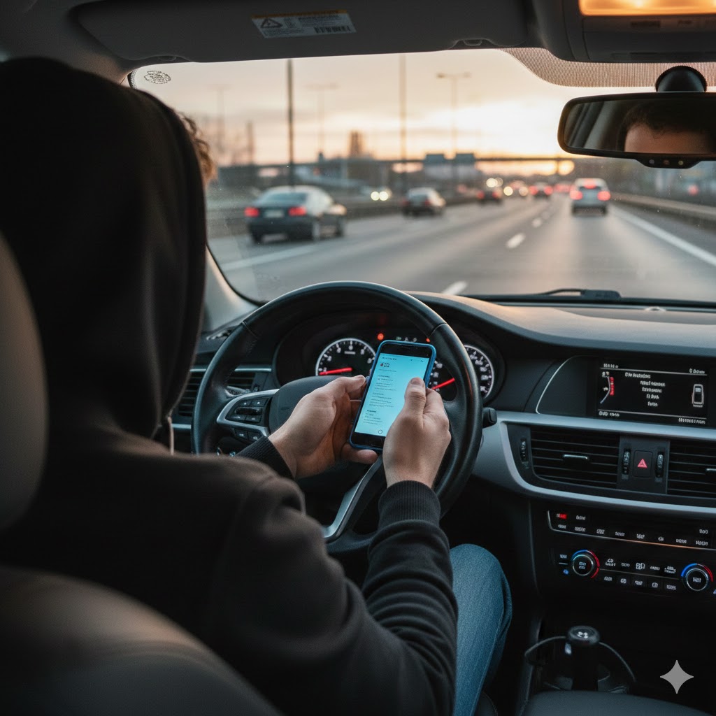 Auto fahrer fährt mit Handy am Steuer - Rechtgrundlage für den Einspruch
